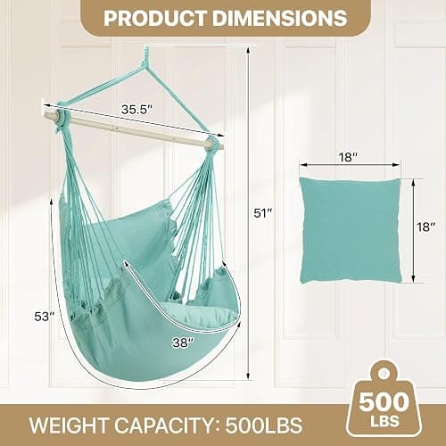 MoNiBloom Hammock Chair Hanging Rope Swing w/2 Cushions, Boho Macrame Hanging Chair Max 350 lbs Capacity w Pocket, Hardware Kit Included, Green thumbnail 3