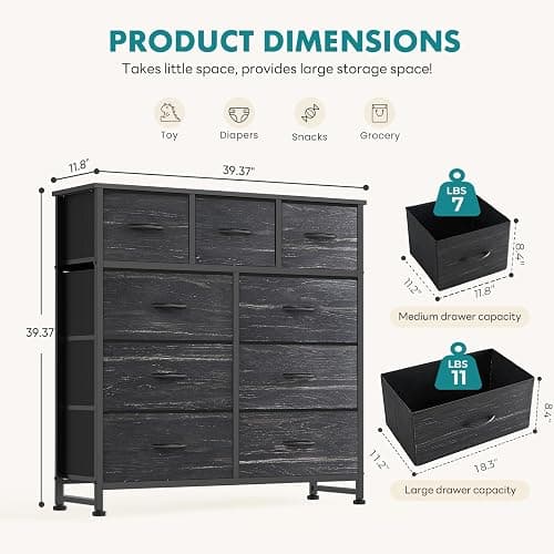 OLIXIS 9 Drawer Storage Dresser with Wood Top - Wide Fabric Chest Organizer for Bedroom, Closet, Living Room,Tower Cabinet, TV Stand, Hallway Entryway Furniture,Black Wood Grain thumbnail 3