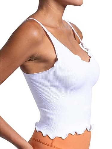 Sunzel Tank Top for Women, V Neck Seamless Ribbed Crop Camisole with Ruffles thumbnail 5
