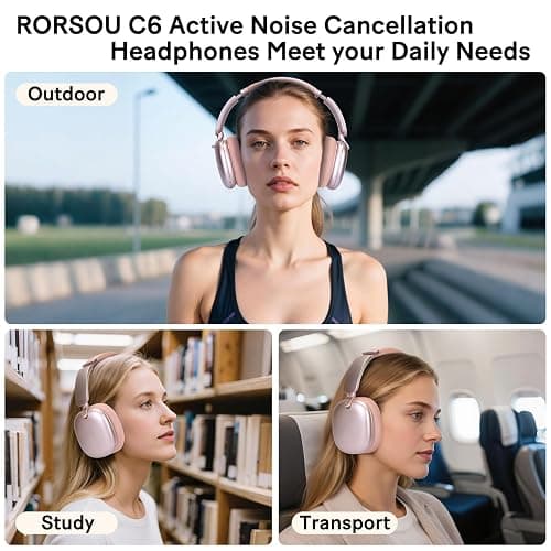 RORSOU C6 Active Noise Cancelling Headphones, Wireless Over Ear Bluetooth Headphones, 60H Playtime, Lightweight Folding Deep Bass Comfort Fit Ear Cups Headset with Mic for iPad/PC/Home Rose Gold thumbnail 7