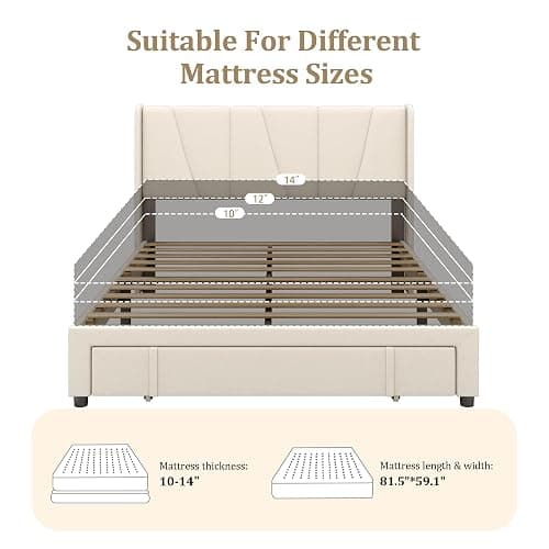 viplov Queen Bed Frame with Storage Drawers, Upholstered Queen Size Platform Bed with 47" Tall Headboard and Wingboard, No Box Spring Needed, Noise Free, Easy Assembly, Wooden Support Slats, Beige thumbnail 7
