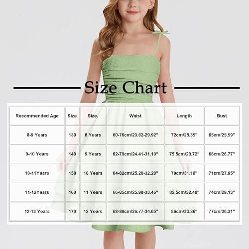 duxyoz Girl's Summer Dresses Spaghetti Strap Swing Pleated Cotton Dress Tween Kids Flowy Front Ruched Boho Beach Casual Midi Sundress for Princess Birthday Party Wedding Prom Gown thumbnail 3