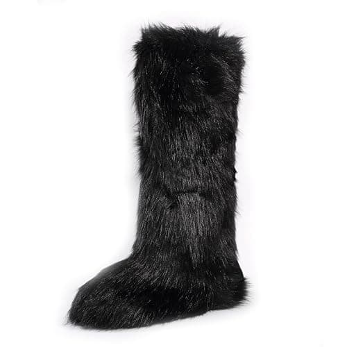 YXCFEWD Faux Fur Boots for Women Winter Knee High Furry Boots Fuzzy Fluffy for Girls Flat Snow Long Boots - Image 1