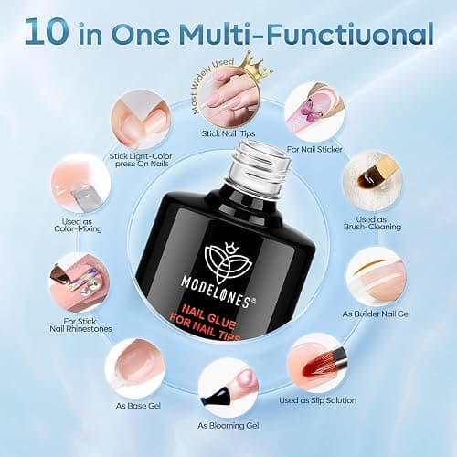 Modelones 10 in One Nail Glue Gel Base Coat Brush On Nail Polish Glue 15ml for Tips, Rhinestones, Blooming Art Gel Kit for Acrylic Tips U V Lamp Needed thumbnail 2