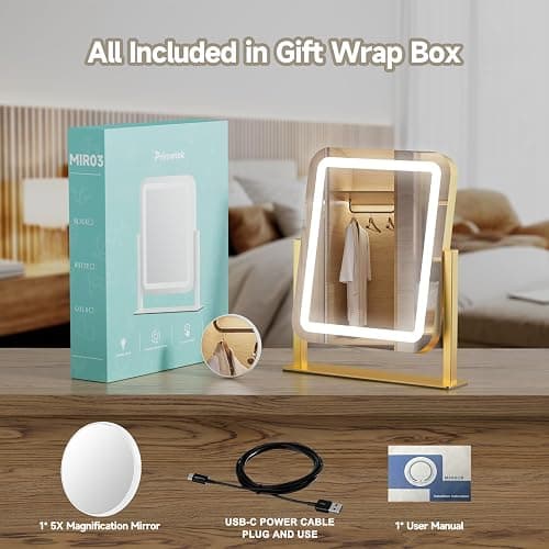 PRIMETEK Vanity Mirror with Lights, 16"x14" Large LED Lighted Makeup Mirror, Hollywood Makeup Mirror, Touch Screen, 3-Color Lighting, 5X Magnification, for Vanity Desk Tabletop, Bedroom, Gold thumbnail 4