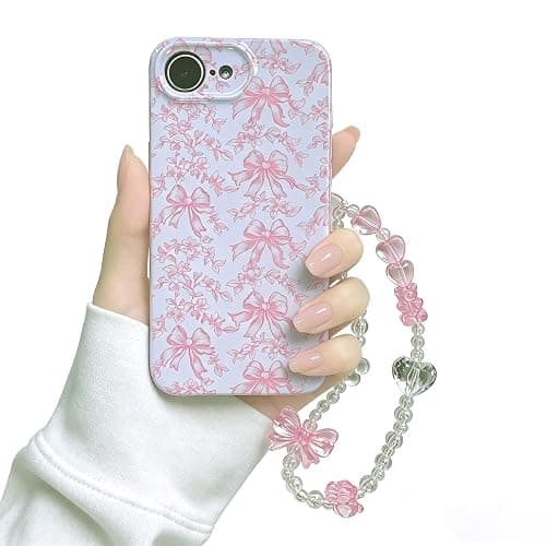 Jzzeuose Phone Case for iPhone 17e/16e with Beaded Wristlet, Pink Bow Floral Cute Soft TPU Protective Case for Women Girls, Anti-Scratch Shockproof Slim Cover - Image 1