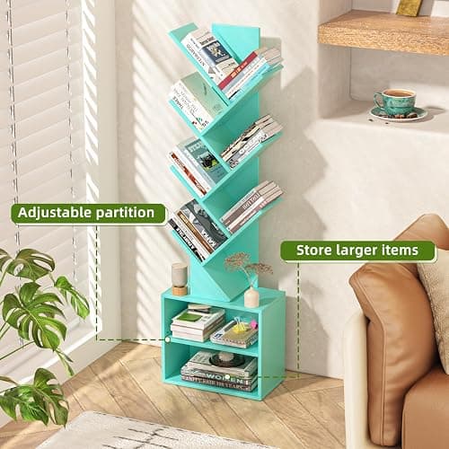 SHEEPAM 10 Tier Tree Bookshelf,Floor Standing Wood Tall Bookcase for Narrow Space, Storage Organizer Bookshelves for Books, Book Case for CDs/Movies/Books,Home Office,Living Room, Bedroom thumbnail 4