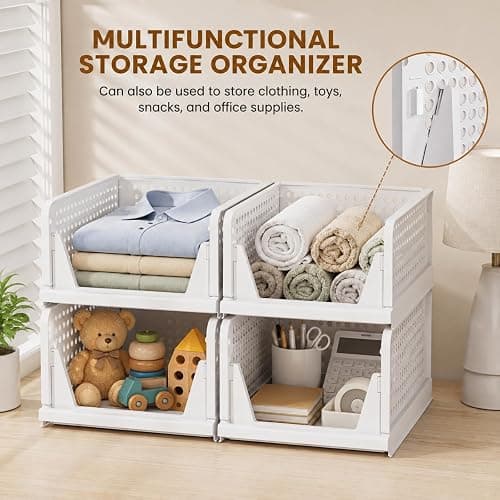 Upgraded Closet Organizers and Storage, Stackable Closet Organizer Basket | 5 Pack Foldable Closet Storage Bins for Bathroom Laundry Room Wardrobe Storage, Space-Saving Clothes Drawer Organizer thumbnail 7