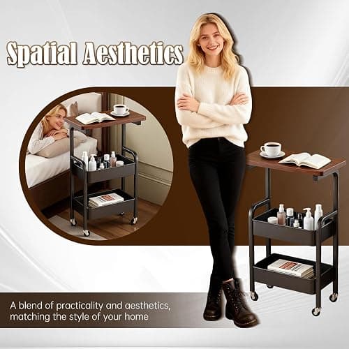 3 Tier Metal Rolling Utility Cart Organizer with Walnut Table Top, Stable and Sturdy Rolling Storage Carts with 2 Lockable Wheels for Kitchen，Bathroom，Snacks，Coffee，Craft，Makeup，Baby Essentials thumbnail 6