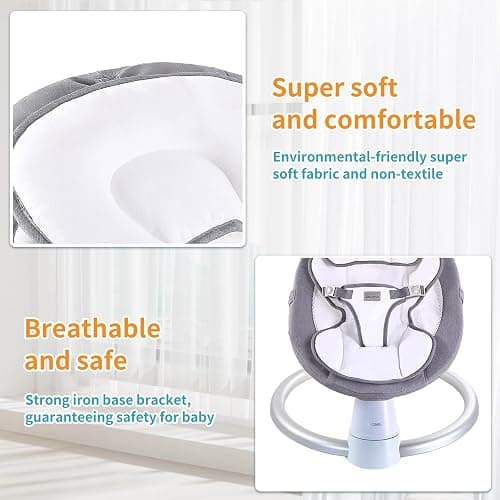 Uuoeebb Electric Baby Bouncer with Bluetooth, Baby Bouncer Chair with 5 Swing Speed, 3-Stage Timer and Remote Control, Portable Baby Swing Chair from Birth for 0 Months Plus Newborn Boys Girls (Grey) - Grey thumbnail 6