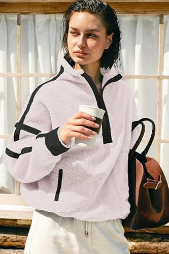 Panadila Womens Half Zip Sherpa Fleece Pullover Soft Oversized Sweatshirt with Pockets Warm Fuzzy Sweater thumbnail 4
