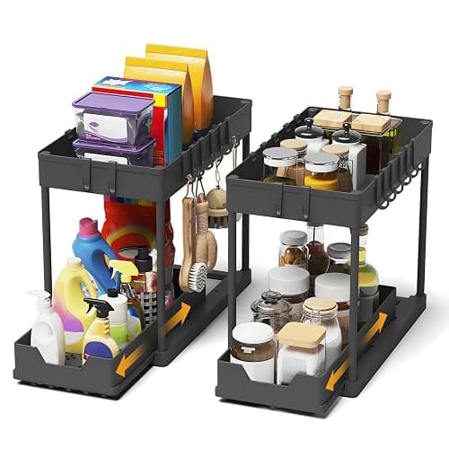 Meltrck Küchen Organizer - 2 Stück Unter Waschbecken Regal Organizer - Ausziehbares Lagerregal Organizer mit 16 Haken,Schwar - Image 1