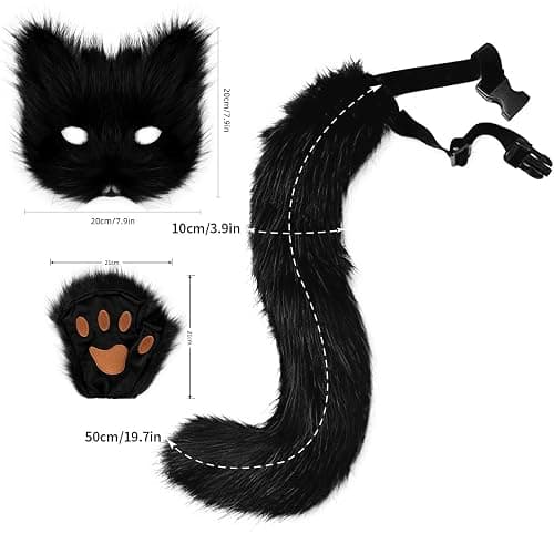 Adolala Faux Fur Fox Tail Cat Wolf Set Plush Mask Fluffy Paw Gloves Halloween Christmas Party for Women thumbnail 4
