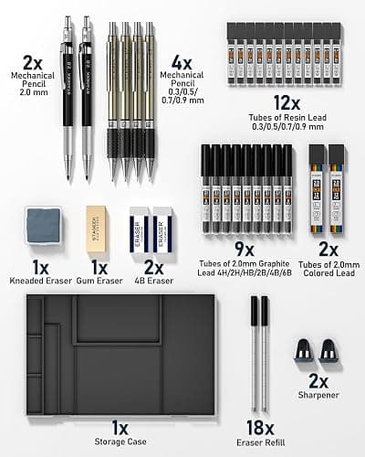 STAGEEK Mechanical Pencil Set with Case 37 Count, Drawing Pencils 0.3, 0.5, 0.7, 0.9MM & 2PCS 2MM Sketching Pencils with 492PCS Lead Refills (6B 4B 2B HB 2H 4H Color) for Artist Drafting Drawing thumbnail 7