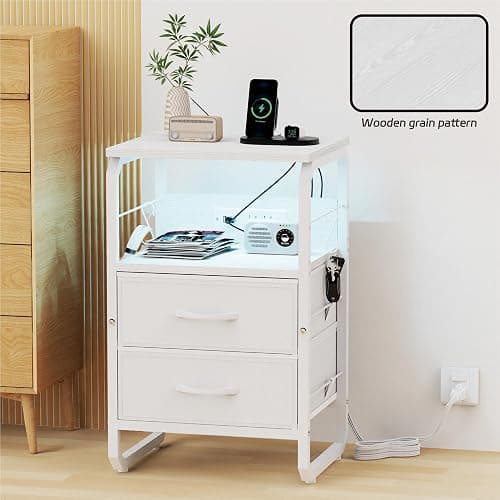 runjuly Night Stand with Charging Station, Bedside Table with Drawers, AC Outlets & USB C Ports, Bedroom Nightstand with Hooks, Metal End Table for Bedroom, Office, Dorm (White) thumbnail 7