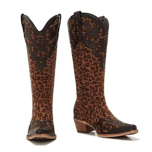 ZXHYZLZ Women's Knee High Leopard Print Cowboy Boots – Western Cowgirl Boots with Mid Heel Pull-On Style thumbnail 3