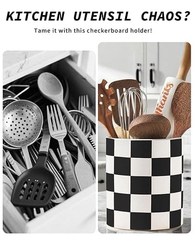 Swkien Utensil Holder，7.2 Inch Checkered Utensil Holder, Ceramic Cooking Utensil Spoon/Spatula Holder for Countertop, Kitchen Decor and Accessories for counte(Black) thumbnail 4