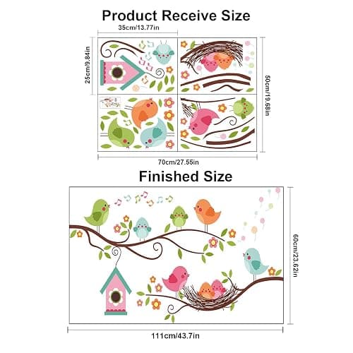Robin Bird and Tree Branch Wall Stickers, Colorful Cute Cartoon Lovely Birds Singing On The Branch with Flowers Wall Decal, DILIBRA Removable DIY Mural Decorations for Living Room Bedroom Baby Room thumbnail 2