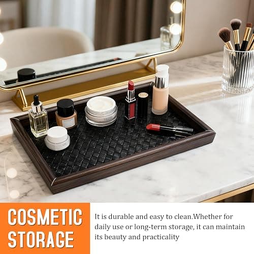 Wooden Valet Tray Desk Organizer with Leather Base,Nightstand, Entryway Bedside Dump Holder for Wallets, Keys, Watches, Jewelry & Sunglasses thumbnail 5
