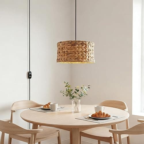 passong Boho Rattan Plug in Pendant Light, 11.8" Hand-Woven Natural Water Hyacinth Lampshade, Small Dimmable Hanging Lamp with 15ft Cord for Bedroom Corner, Reading Nook and Dorm - No Hardwiring thumbnail 7