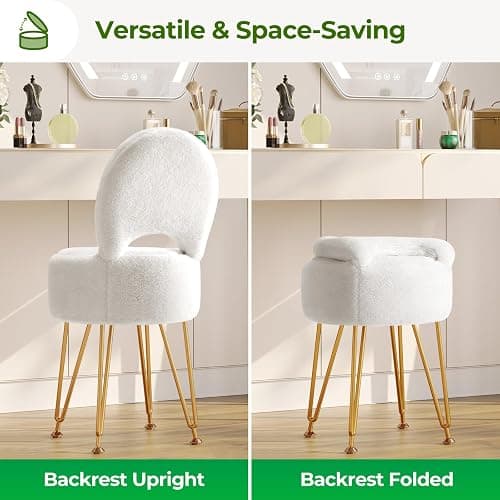 Rolanstar Velvet Vanity Chair with Hidden Storage – Foldable Backrest Converts to Footstool – Comfortable Makeup Stool for Bedroom or Dressing Table (White, Small) thumbnail 3