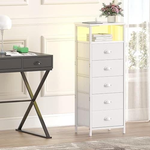 sthmec Nightstand with Charging Station,LED White Nightstands with 5 Fabric Drawers PU Finish, Bedside End Tables, 2-Tier Open Storage Shelf Side Table Nightstand with Drawers for Bedroom,White thumbnail 8