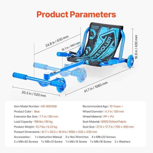 VEVOR Ride on Scooter, Load Capacity of 198 lbs, Swing Side-to-Side for Amazing Ride Powered by Zig-Zag Motion, Ride on Drifting Toy for Ages 10+, Rides on Any Hard Surface for Indoor & Outdoor, Blue thumbnail 3
