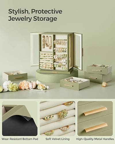 SONGMICS Jewelry Box 360° Rotating, Jewelry Storage Case with 5 Drawers, Jewelry Organizer, Glass Window, Spacious, Vertical Jewelry Storage, Open Design, Great Gift, Laurel Green UJBC170C02 thumbnail 5