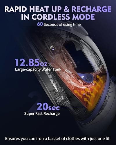 OMAIGA Cordless Iron for Clothes, 1550W 2-In-1 Cordless/Corded Steam Iron Rapid Heating, Ceramic Soleplate, 3-Way Auto-Off, Self-Cleaning, 12.85oz Water Tank Ironing Clothes for Home, Purple thumbnail 8