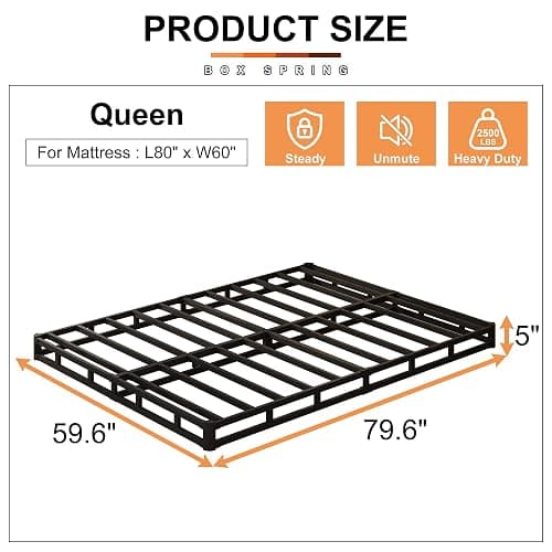 EMODA 5 Inch Box Spring Queen Size Bed Base, Heavy Duty Metal Queen Mattress Foundation with Fabric Cover, Easy Assembly, Black thumbnail 2
