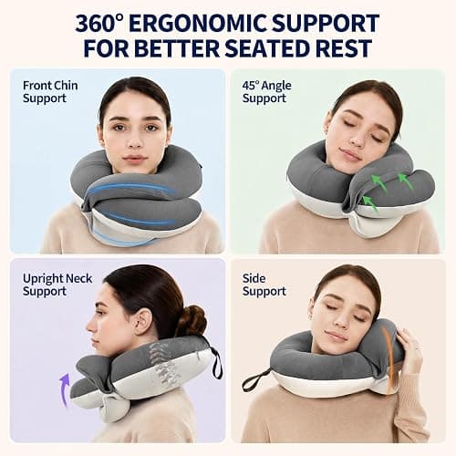 BUYUE Travel Neck Pillows for Airplanes, Memory Foam 360° Head Support Sleep for Long Flight, Skin-Friendly & Breathable, Kit with Eye Mask, Earplugs and Storage Bag (Adult, Grey, 90+ lbs) thumbnail 2