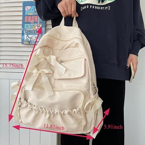 semmoi Backpack with Attached Bow-Knots - Ideal for Day-to-Day Use, Kawaii Backpack, Y2k, Aesthetic Cute Backpack (Off white) thumbnail 3