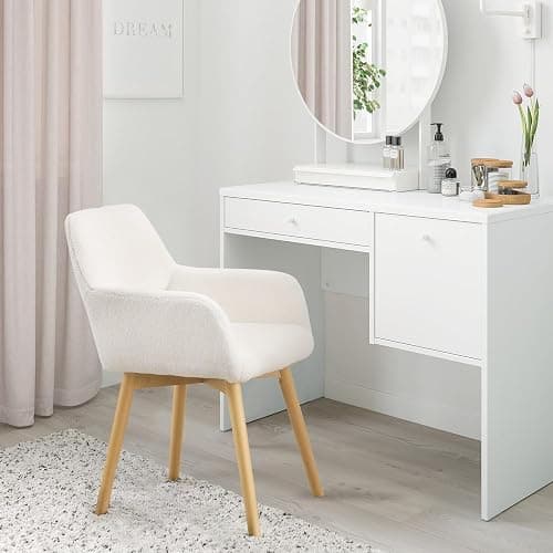YEEFY Desk Chair No Wheels Vanity Chair Makeup Chair Comfy Accent Chair for Living Dining Room Bedroom Home Office Mid Century Modern Upholstered Armchair Sofa with Wood Legs (Wool White, 1) thumbnail 4