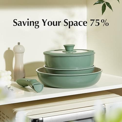 Redchef Ceramic Cookware Set, Removable Handle Pots And Pans Non Stick, Rv Cookware Set, Non Toxic Pots And Pans Set No PFAS & PTFE & PFOA, Detachable Pots And Pans, Dishwasher & Oven Safe (Green) - Green thumbnail 4