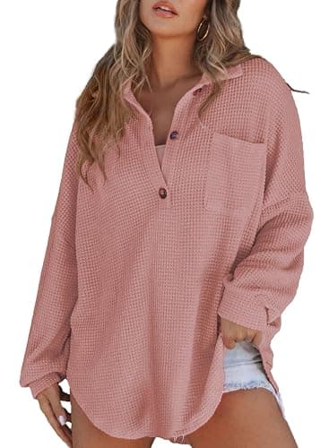 Astylish Women Waffle Knit Tops Henley Shirts Long Sleeve V Neck Solid Color Casual Tunic thumbnail 4