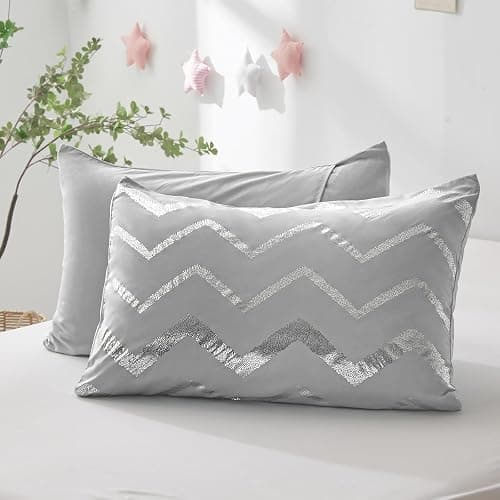 Grey Metallic Silver Duvet Cover Set with 2 Pillowcases Soft Microfiber Geometric Striped Bedding Set,King Size 220x230 cm - King Size 220x230cm - Gray thumbnail 5