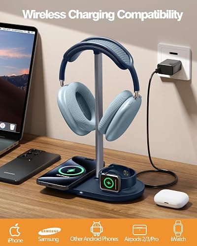 HiWe 3-in-1 Headphone Stand - Universal Desktop Gaming Headset Holder with Wireless Charger for Phones/AirPods/iWatch, Aluminum Alloy Rod, Leather Pad, ABS Solid Base, Blue thumbnail 3