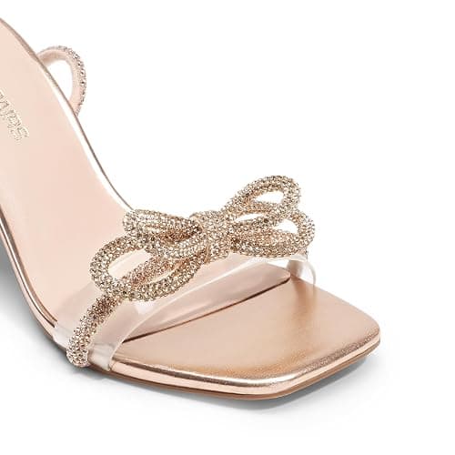 DREAM PAIRS Women's Double Bowknots Heels Open Square Toe Ankle Strap Crystal Rhinestone Dress Sandals for Party Wedding thumbnail 4