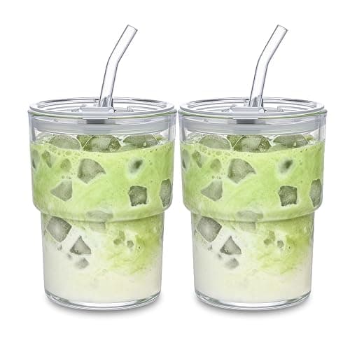 MINGHYZYA 13oz Glass Tumbler with Straw and Lid, Leak Proof Iced Coffee Cup, Thick Wall BPA Free Drinking Glass Water Cups for Iced Coffee, Matcha, Smoothie and Travel-(Clear-2pack) - Image 1