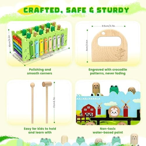 Bsrvtoyer Wooden Baby Activity Cube Montessori Toys for 12+ Months Boys Girls | Hammering Pounding Toys with Abacus, Educational Toddler Activities Toys with Xylophone (Crocodile) thumbnail 7