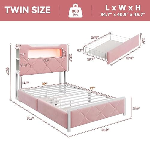 Twin Upholstered LED Bed Frame with 2 Storage Drawers and 2-Tier Storage Bookcase Headboard, Velvet Princess Platform Bed for Kids/Girls/Boys, Heavy Duty Metal Support, No Box Spring Needed, Pink thumbnail 2