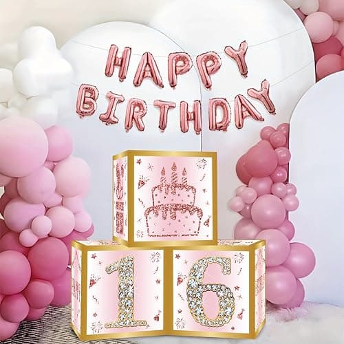 DataMoon 16th Birthday Decorations Boxes for Girls | 3PCS Pink Rose Gold Sweet 16 Birthday Balloons Boxes,Sixteen Year Old Party Supplies for Girls thumbnail 3
