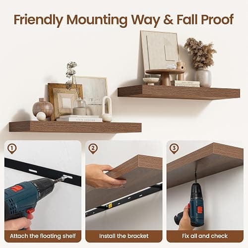 Feihorrm Floating Shelves, Wall Shelf Set of 2, 40cm Rustic Shelves, 16.5cm Deep Wall Shelf, MDF Wooden Shelving for Bathroom, Bedroom, Living Room and Kitchen, Vintage Brown, 40 x 16.5 x 3.1 cm thumbnail 7
