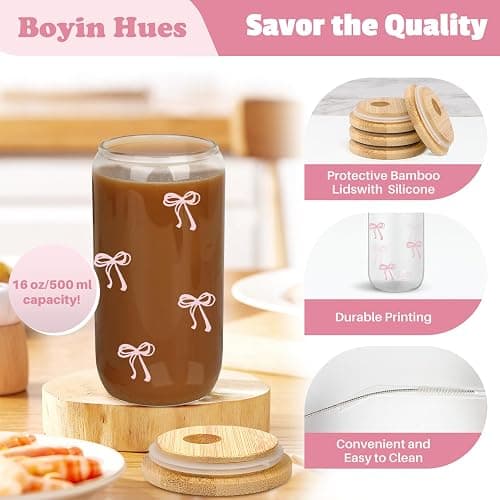 BOYIN HUES Coquette Aesthetic Bow Glass Cups, Cute Pink Girly Preppy Iced Coffee Cup w/Lids and Straws 16oz Drinking Glasses Gifts for Women Teen Girl Gifts Trendy Stuff thumbnail 6