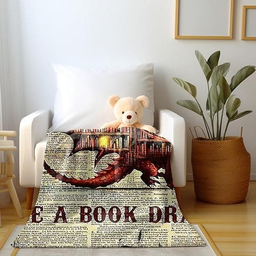 Book Dragon Fleece Blanket Cozy Throw for Book Lovers, Vintage Dragon Design on Text Background, Warm and Soft Reading Blanket for Home, Couch, or Bed (L80 xW60) thumbnail 3