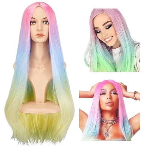 AGPTEK 27.5 Inch Long Rainbow Wig for Women Halloween Cosplay - Vibrant Rainbow Shades Perfect for Halloween and Cosplay Characters - Long Straight Wig - Image 1