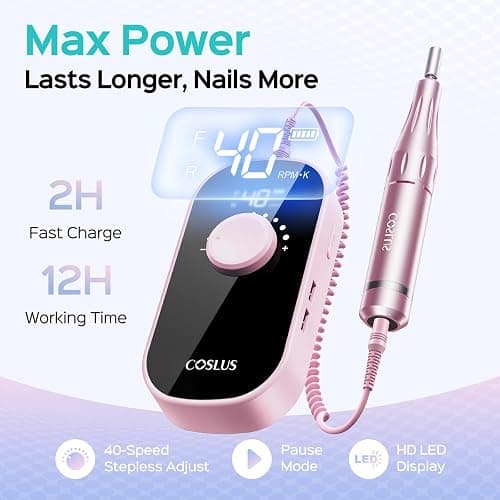 COSLUS Professional Rechargeable Electric Nail Drill 40000 RPM, Portable Nail File with Storage Stand for Acrylic Gel Polishing Removing - Easy to Use for Women, Manicure at Home DIY or Salon, Pink thumbnail 4