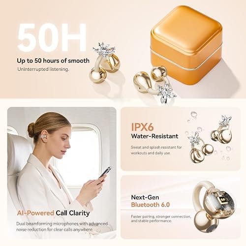 WUYUEGE Clip On Earbuds with Detachable Butterfly Earrings & LED Makeup Mirror Case, Wireless Earbuds Bluetooth 6.0, Air Conduction Headphones, Lightweight for Travel Work Daily Use,Great Gift Choice thumbnail 3