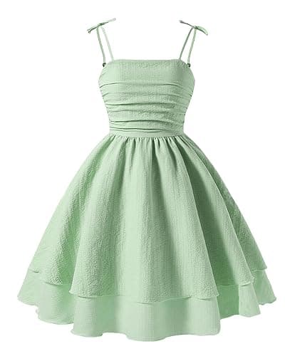 Happy Cherry Girls Spaghetti Strap Smocked Dress Layered Beach Sundress A-Line Midi Dresses 8-13 Years - Image 1