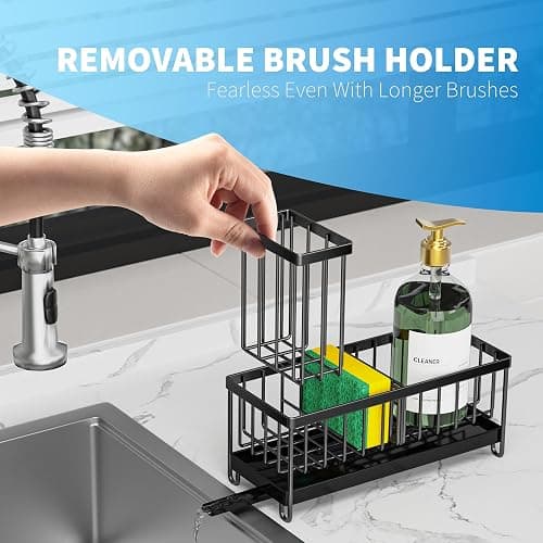 Cisily Black Sponge Holder for Kitchen Sink, Sink Caddy Organizer with High Brush Holder, Kitchen Countertop Organizers and Storage Essentials, Rustproof 304 Stainless Steel, Soap Dispenser Organize - Black thumbnail 4